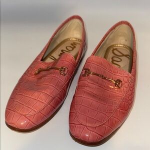 Pink Croc-Embossed Loafers with Gold Accents